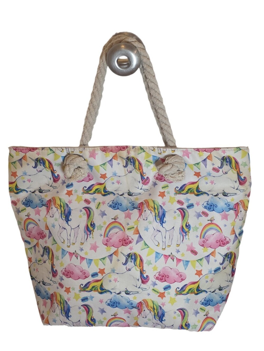 Vintage Style Rainbows & Unicorns Beach Tote Bag – Cream Rope Handles